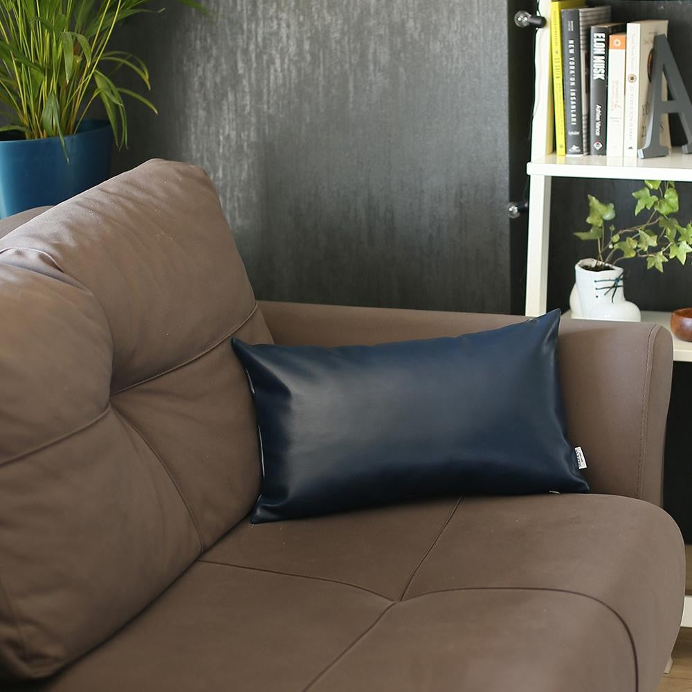 Navy Blue Solid Faux Leather Lumbar Throw Pillow