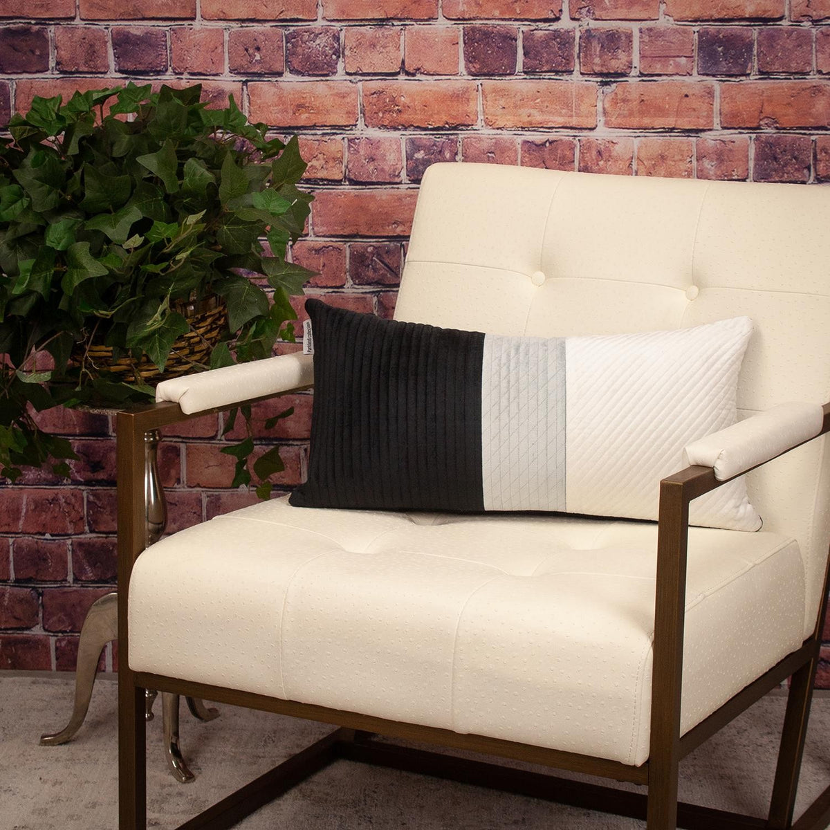 Black and White Quilted Color Block Velvet Lumbar Throw Pillow