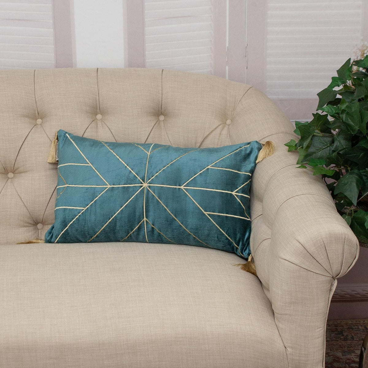 Teal and Gold Geo Velvet Lumbar Pillow with Gold Tassels