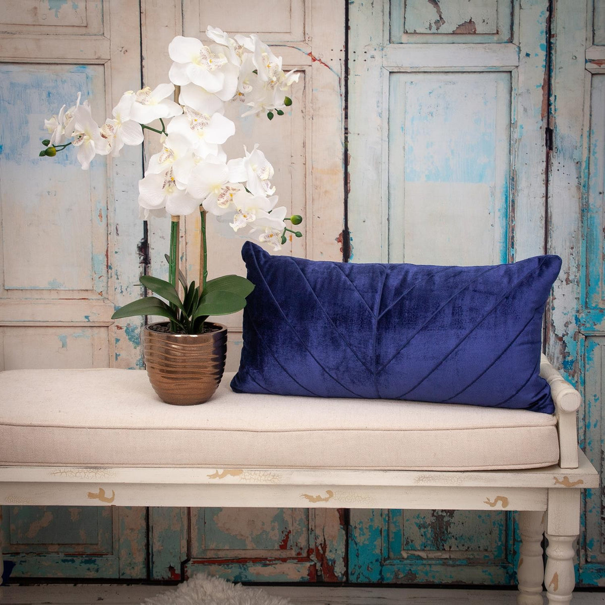 Quilted Velvet Arrows Blue Decorative Lumbar Pillow