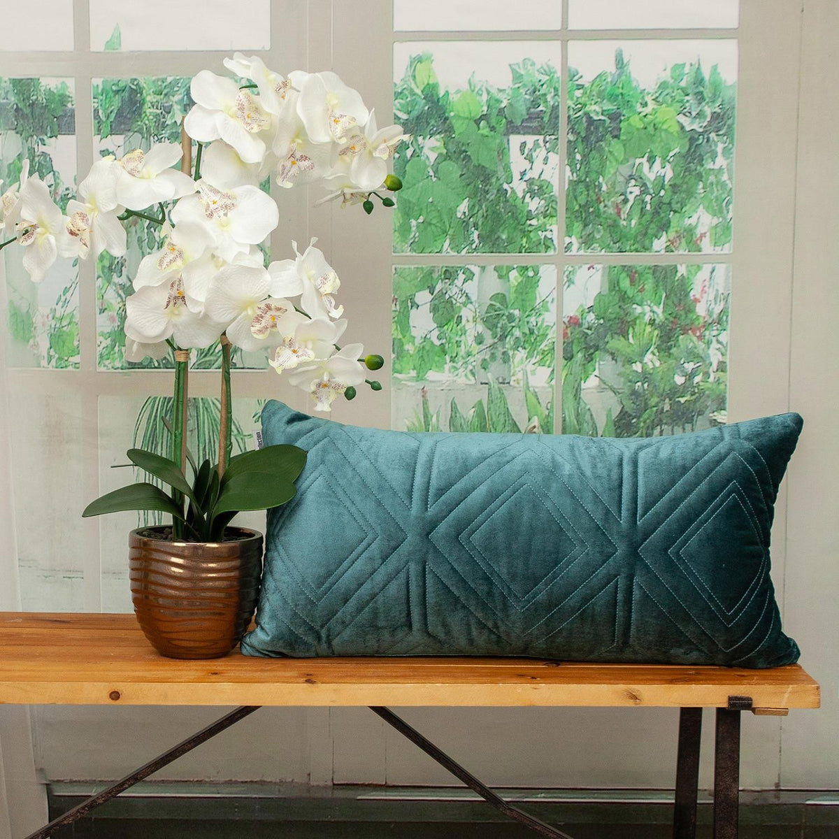 Teal Quilted Diamonds Velvet Solid Color Lumbar Pillow
