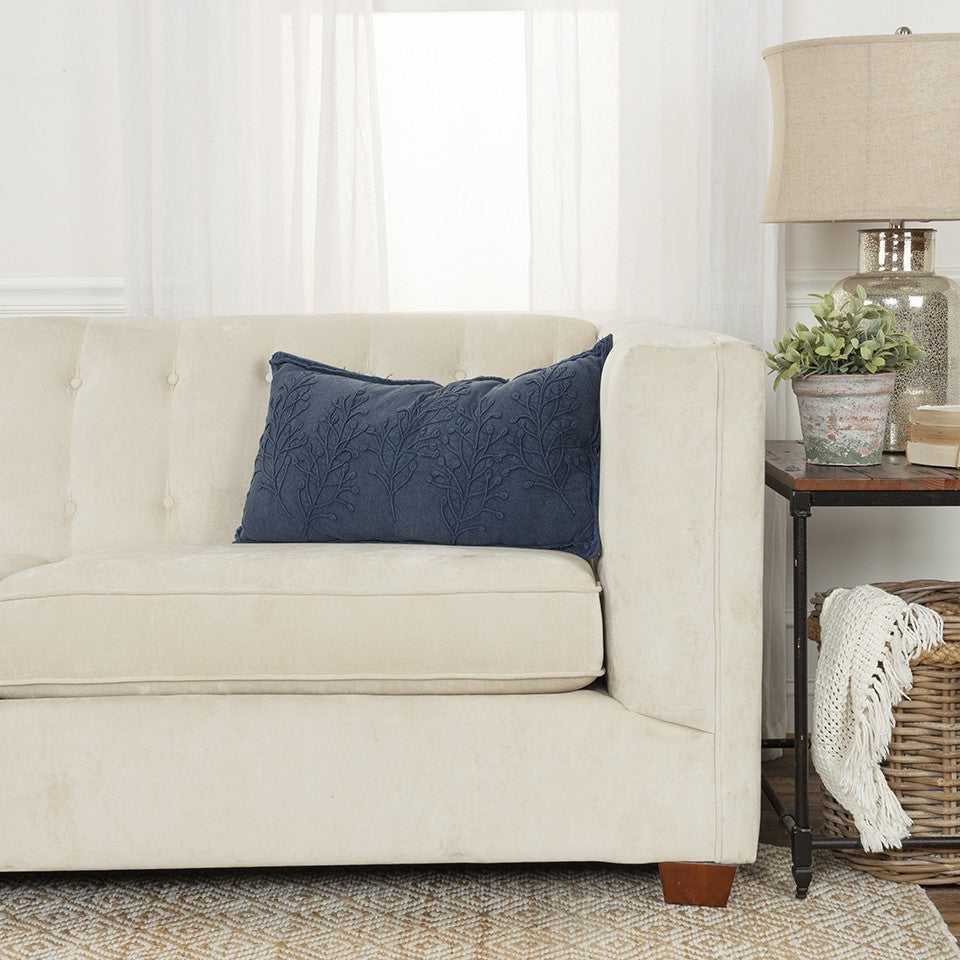 Navy Botanical Pattern Embroidered Lumbar Pillow