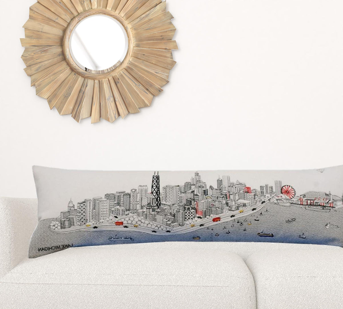 45" White Chicago Daylight Skyline Lumbar Decorative Pillow