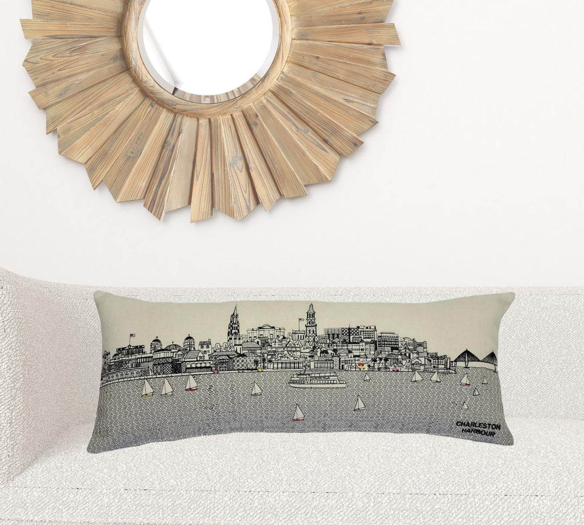 24" White Charleston Daylight Skyline Lumbar Decorative Pillow