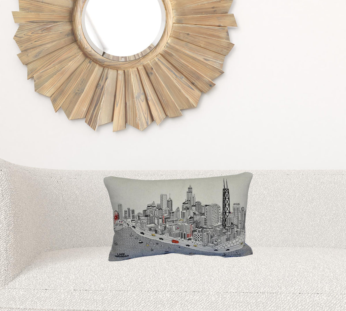 24" White Chicago Daylight Skyline Lumbar Decorative Pillow