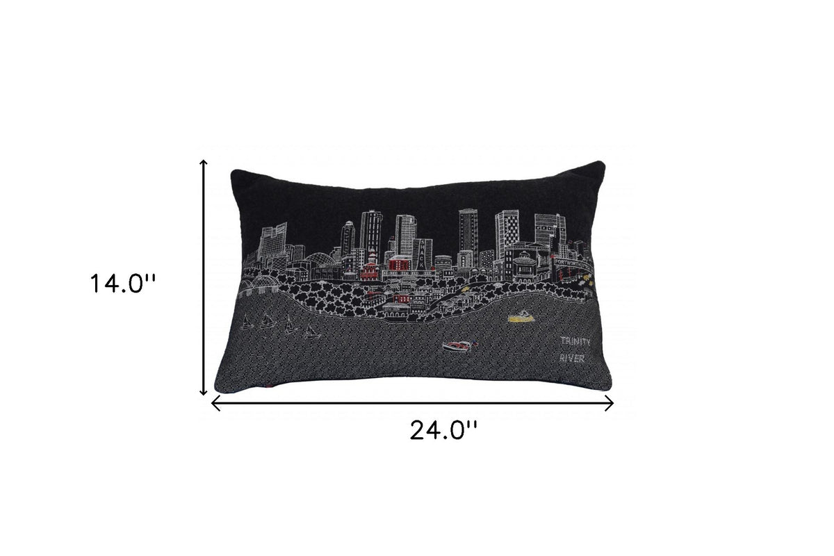 24" Black Fort Worth Nighttime Skyline Lumbar Decorative Pillow