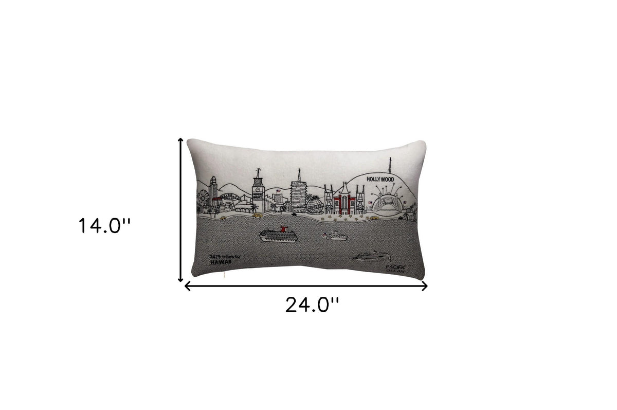 24" White Los Angeles Daylight Skyline Lumbar Decorative Pillow