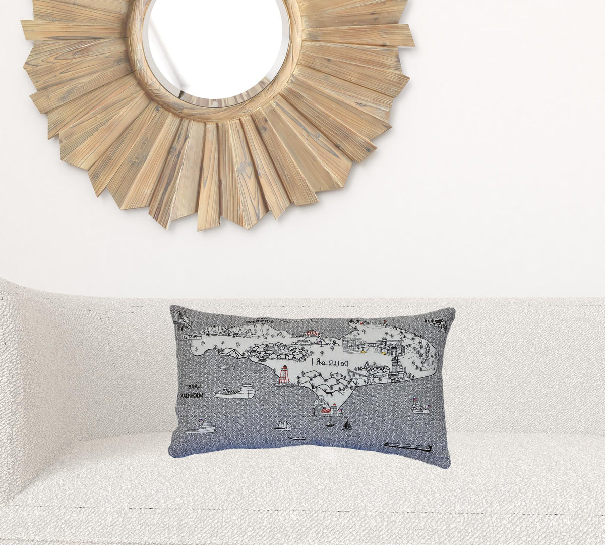 24" White Michigan Upper Peninsula Daylight Skyline Lumbar Decorative Pillow