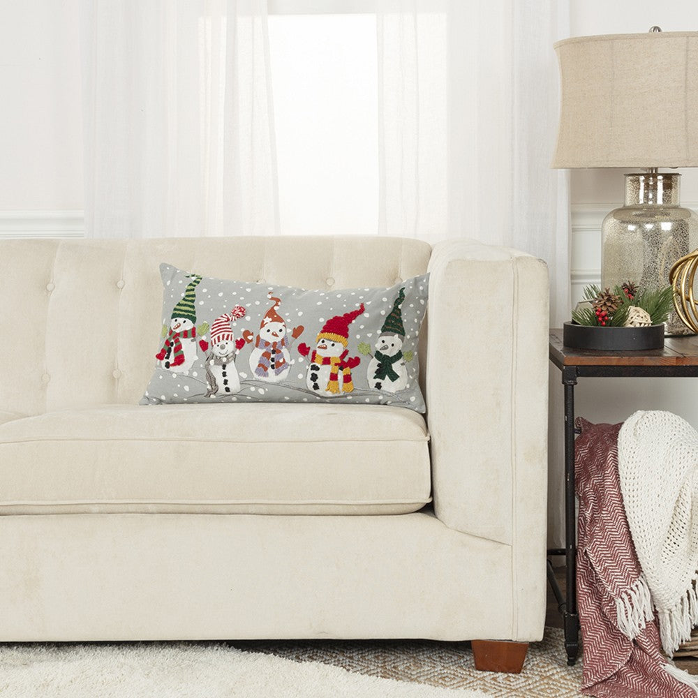 Gray Happy Snowman Christmas Lumbar Throw Pillow