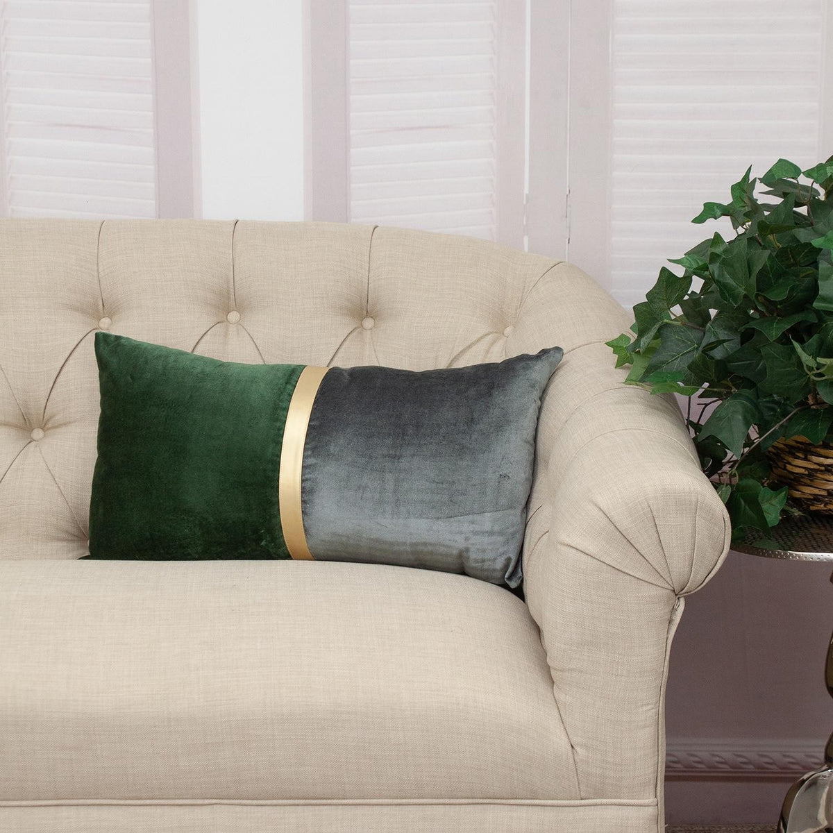 Green Gold and Dark Gray Tufted Velvet Lumbar Pillow