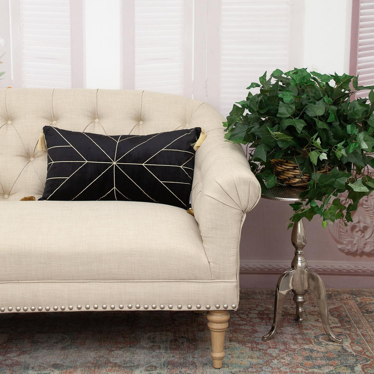 Black and Gold Geo Velvet Lumbar Pillow with Gold Tassels