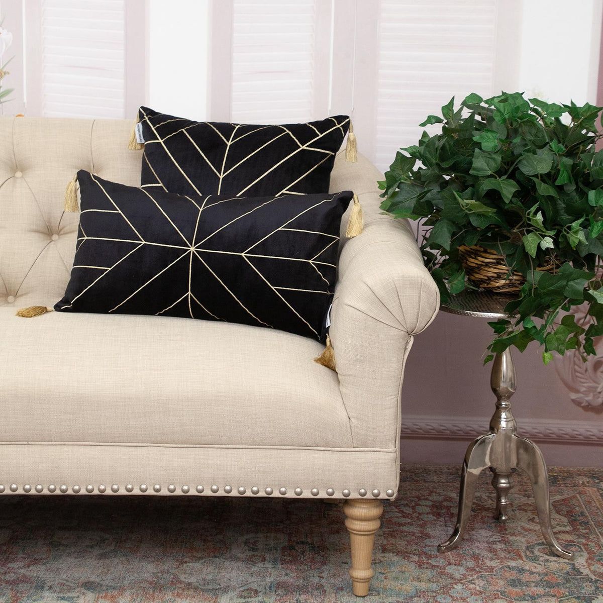 Black and Gold Geo Velvet Lumbar Pillow with Gold Tassels