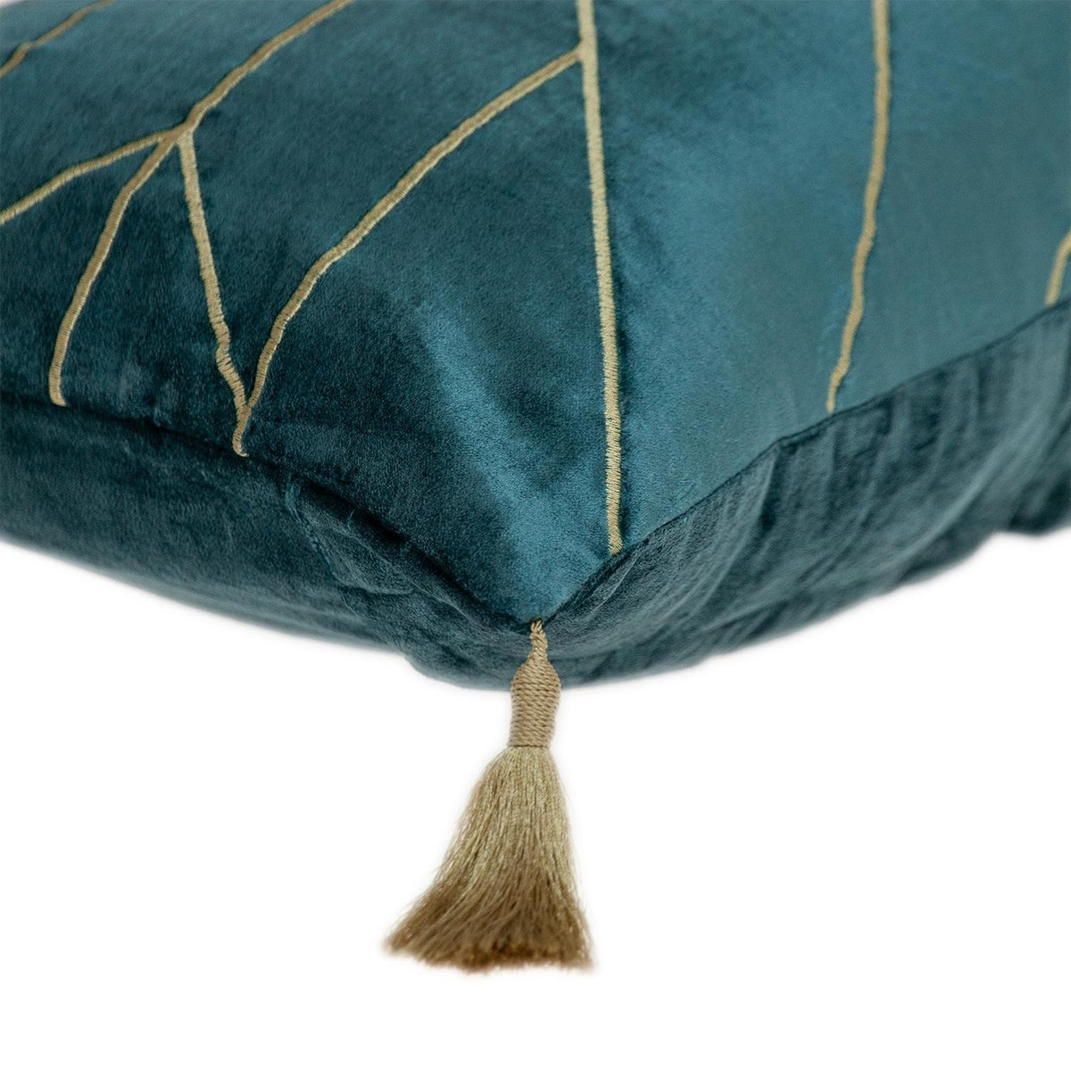 Teal and Gold Geo Velvet Lumbar Pillow with Gold Tassels