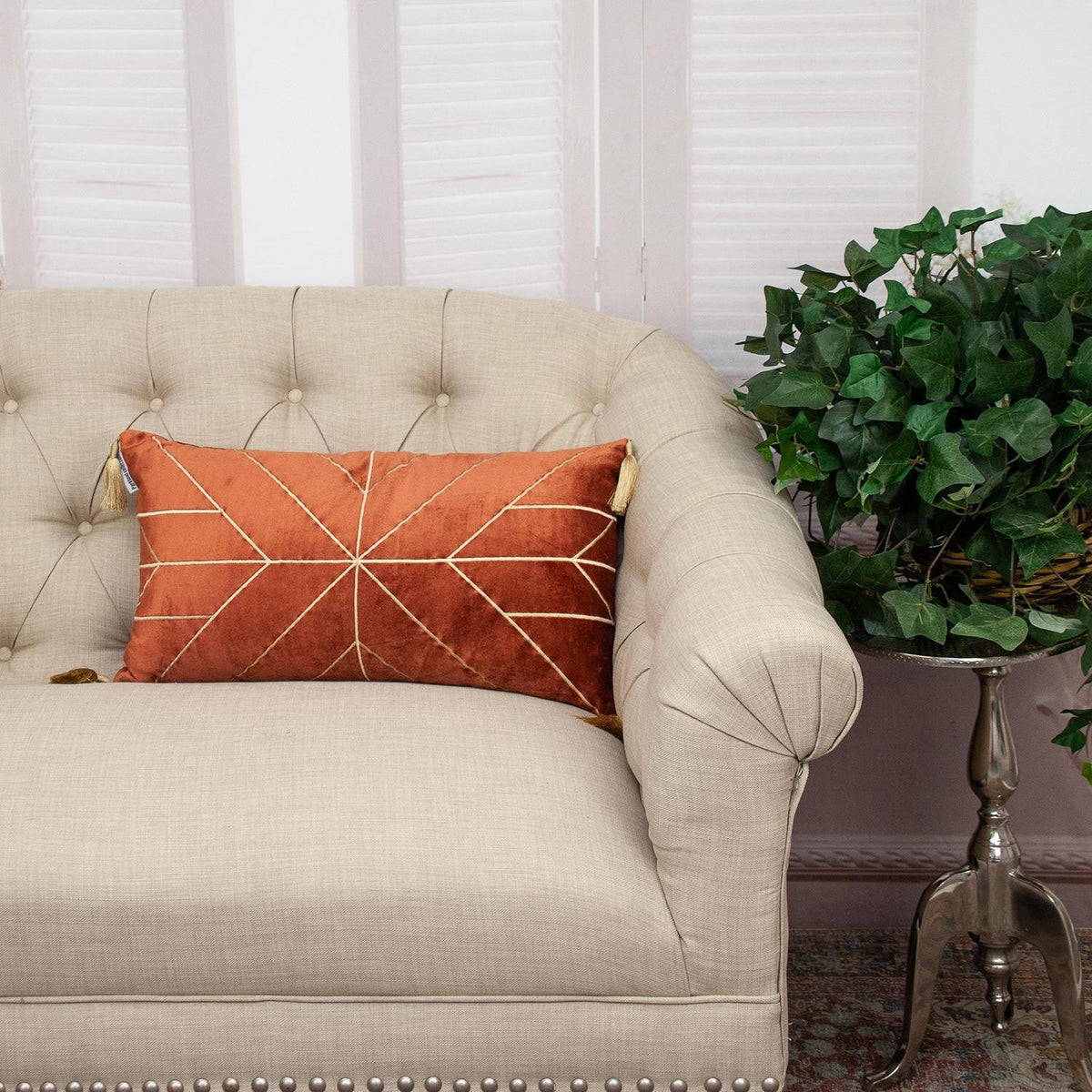 Burnt Orange and Gold Geo Velvet Lumbar Pillow with Gold Tassels