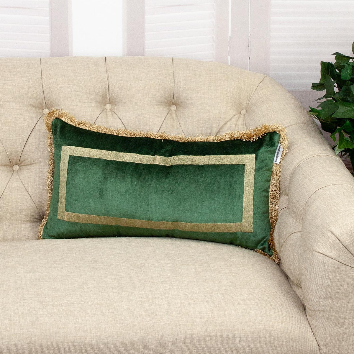 Boho Green with Gold Fringe Decorative Lumbar Throw Pillow