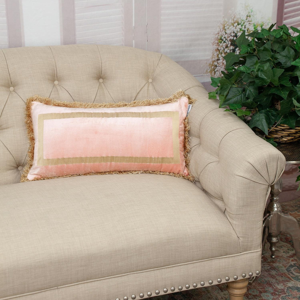 Boho Pink with Gold Fringe Decorative Lumbar Throw Pillow