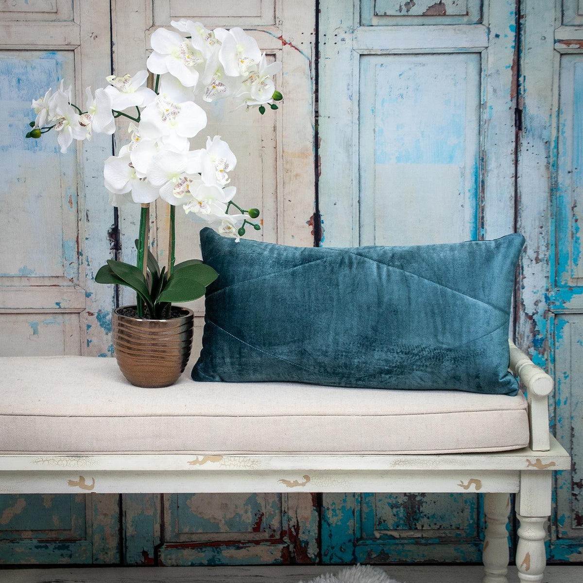 Quilted Teal Velvet Lumbar Throw Pillow
