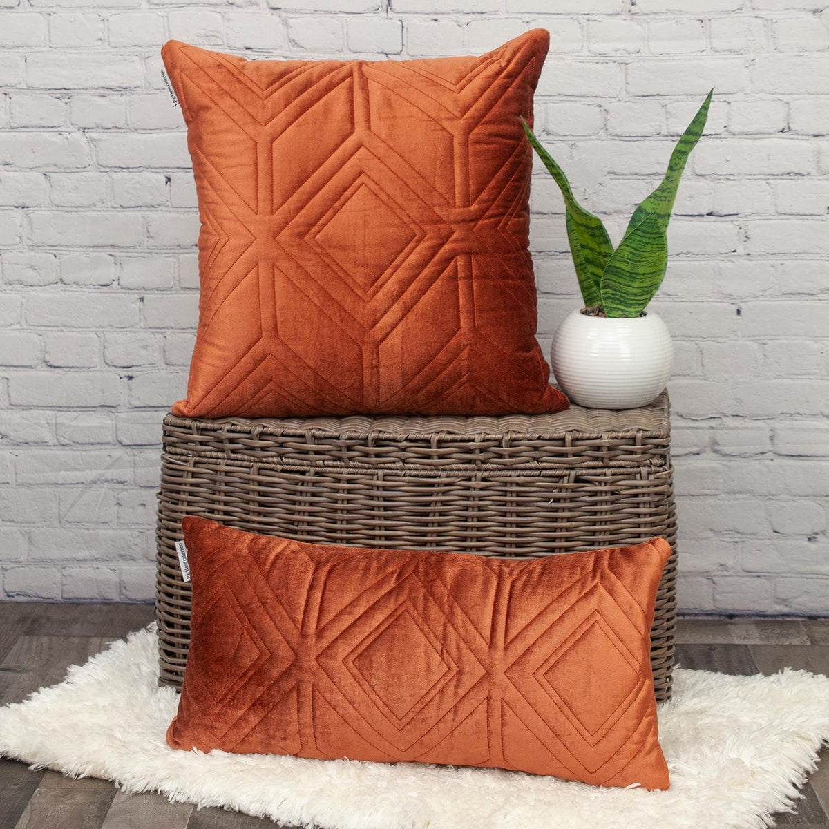 Burnt Orange Quilted Diamonds Velvet Lumbar Pillow