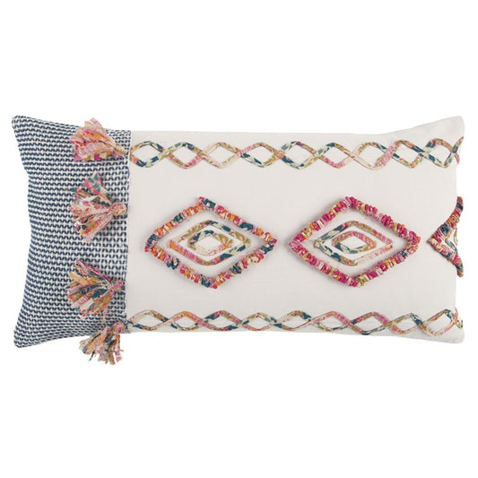 Blue White Diamond Tasseled Lumbar Pillow