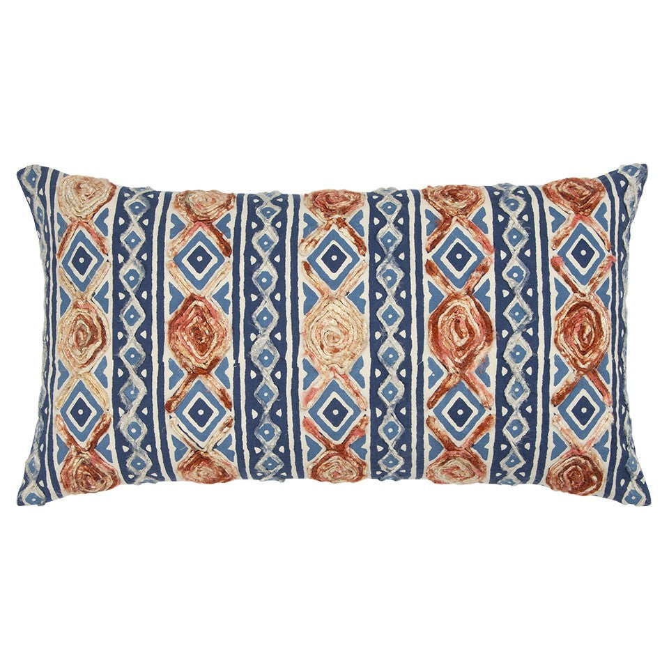 Rust Blue Diamond Strands Tribal Lumbar Pillow