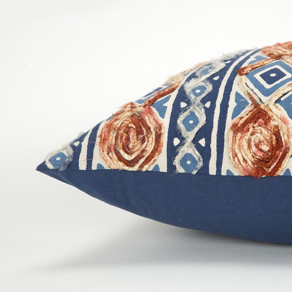 Rust Blue Diamond Strands Tribal Lumbar Pillow