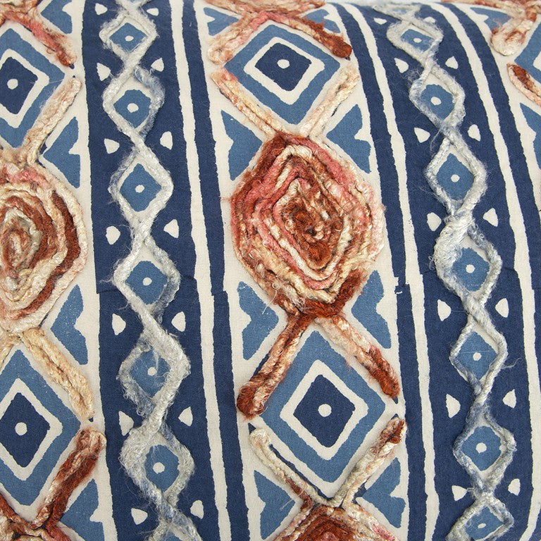 Rust Blue Diamond Strands Tribal Lumbar Pillow