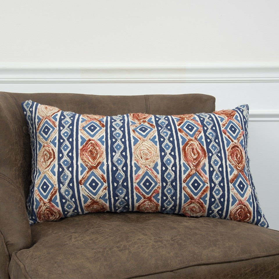 Rust Blue Diamond Strands Tribal Lumbar Pillow
