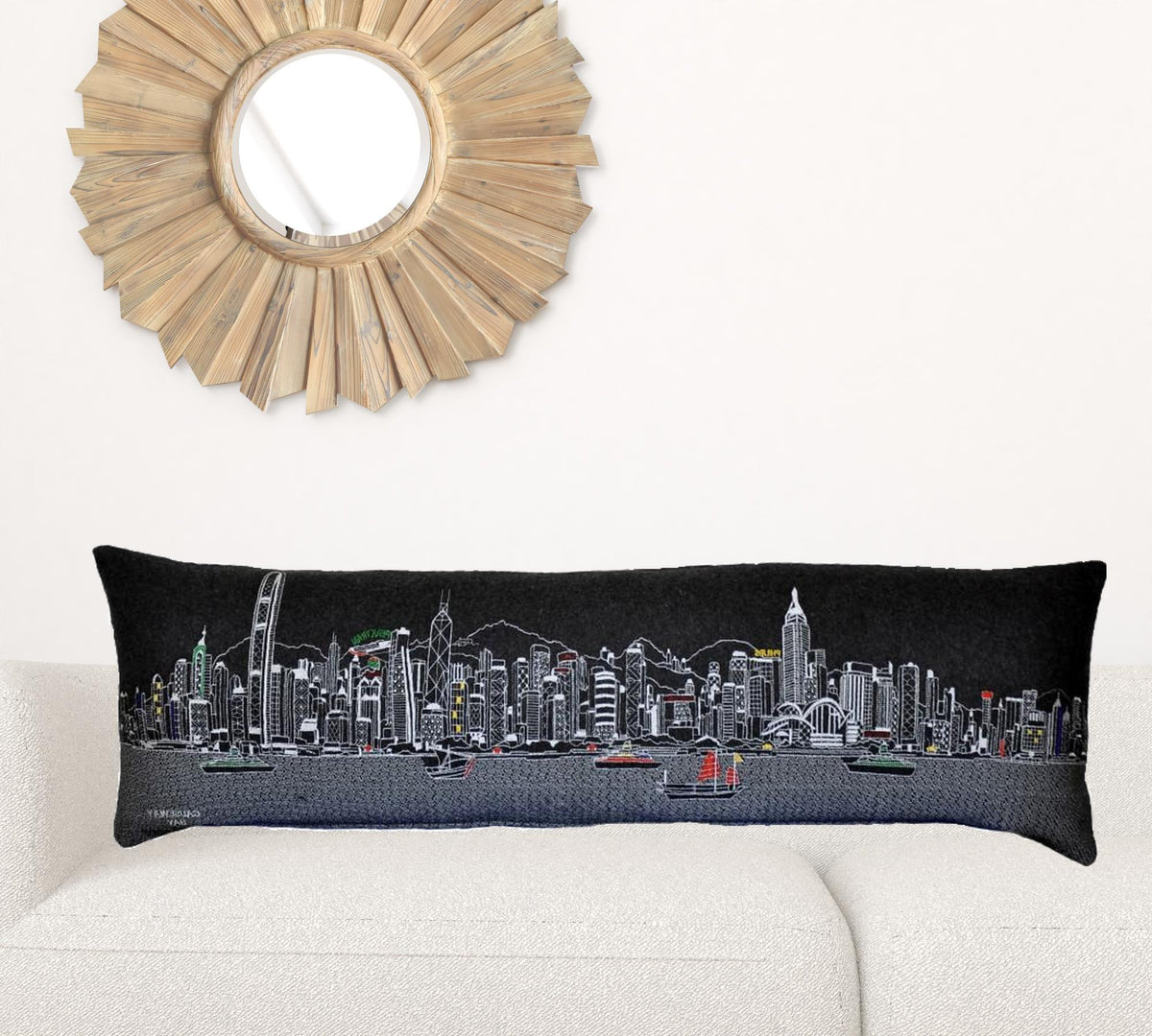 45" Black Hong Kong Nighttime Skyline Lumbar Decorative Pillow