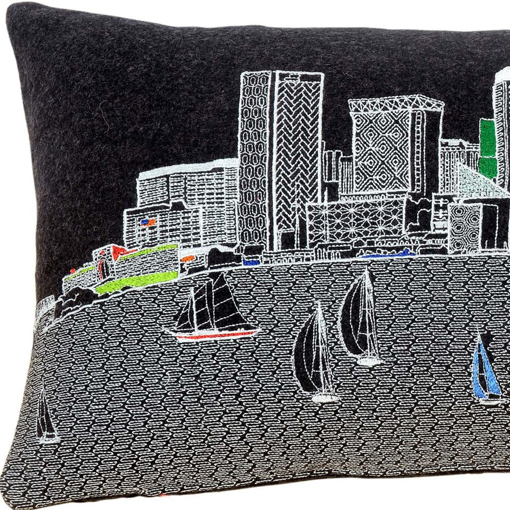 24" Black Austin Nighttime Skyline Lumbar Decorative Pillow