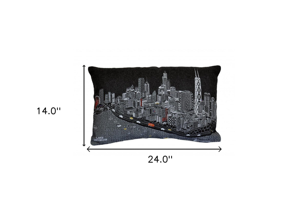 24" Black Chicago Nighttime Skyline Lumbar Decorative Pillow