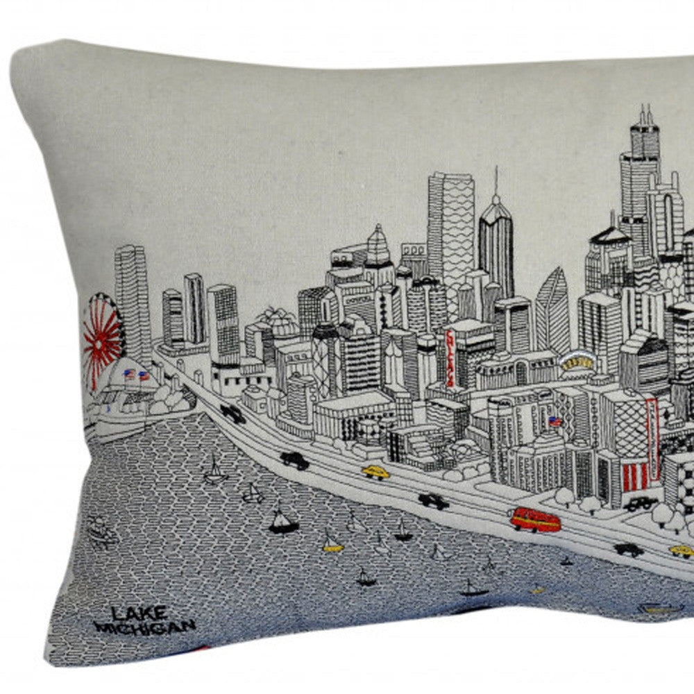 24" White Chicago Daylight Skyline Lumbar Decorative Pillow