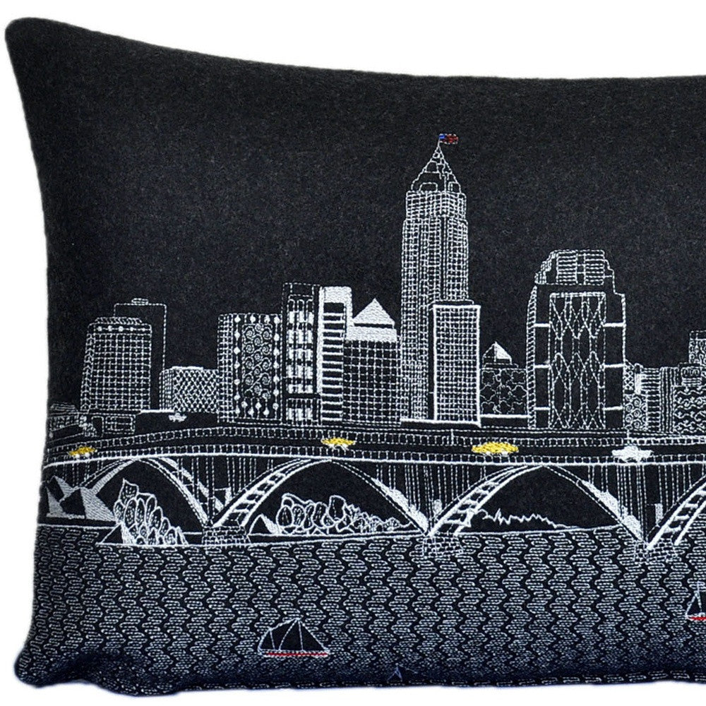 24" Black Cleveland Nighttime Skyline Lumbar Decorative Pillow