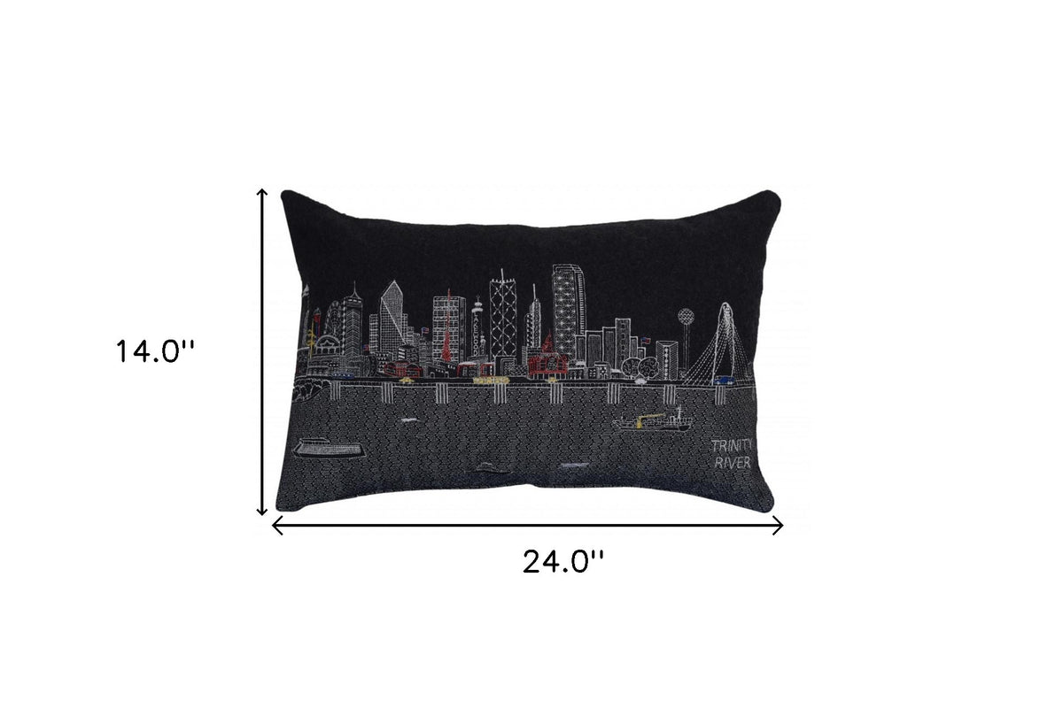 24" Black Dallas Nighttime Skyline Lumbar Decorative Pillow
