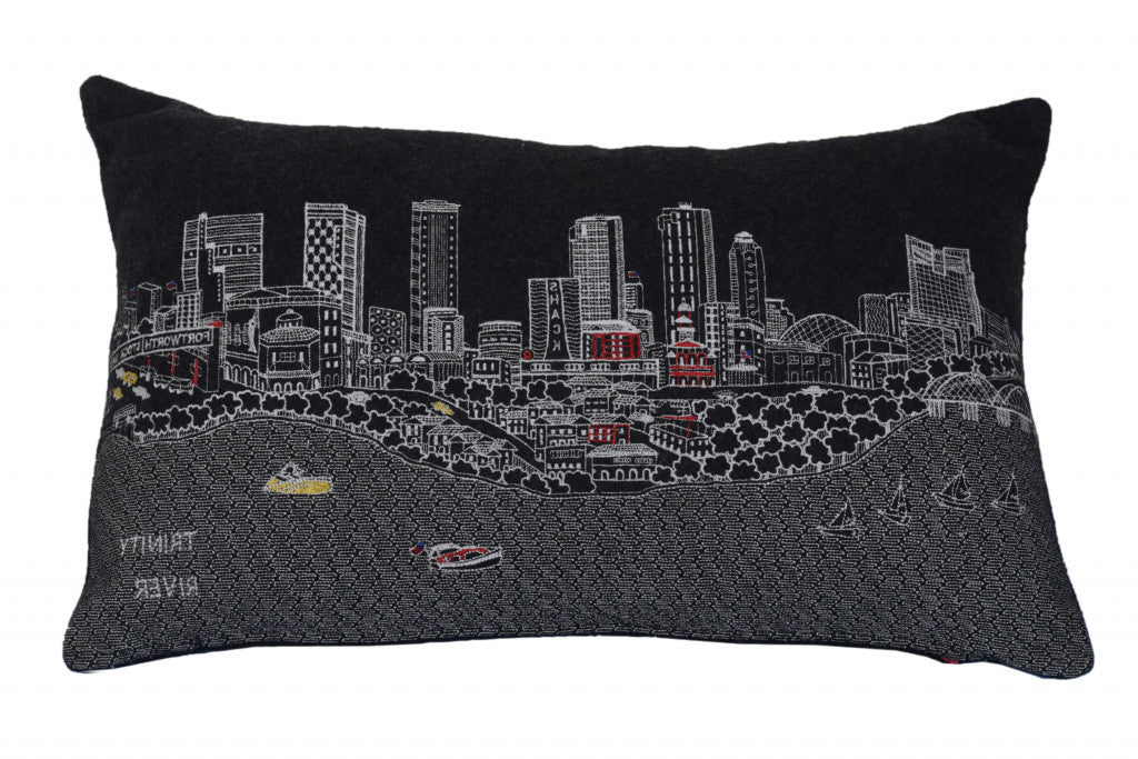 24" Black Fort Worth Nighttime Skyline Lumbar Decorative Pillow