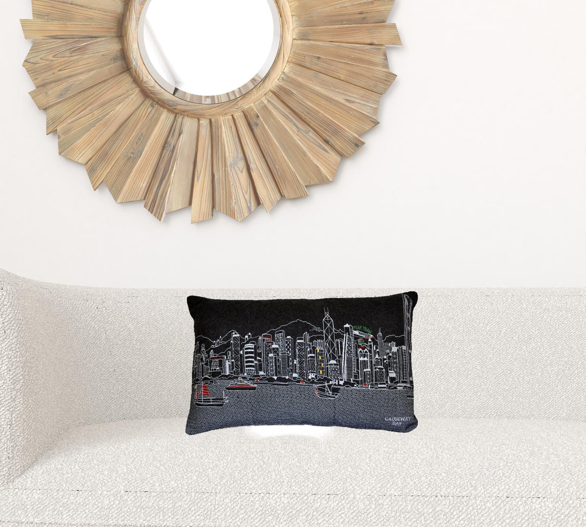 24" Black Hong Kong Nighttime Skyline Lumbar Decorative Pillow
