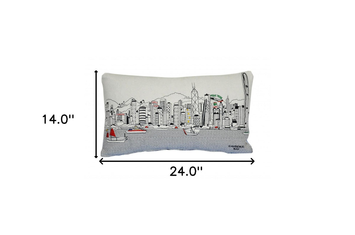 24" White Hong Kong Daylight Skyline Lumbar Decorative Pillow