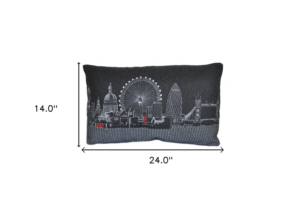 24" Black and White London Nighttime Skyline Lumbar Decorative Pillow