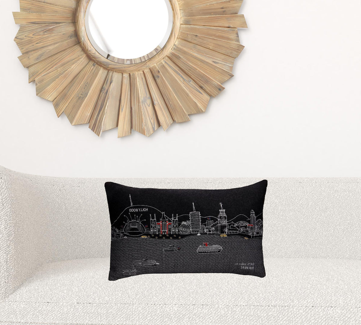 24" Black Los Angeles Nighttime Skyline Lumbar Decorative Pillow