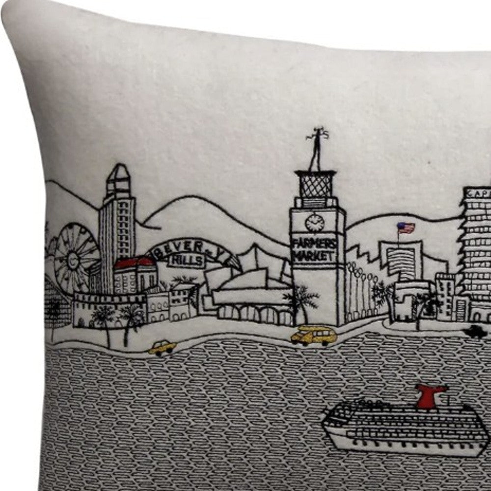 24" White Los Angeles Daylight Skyline Lumbar Decorative Pillow