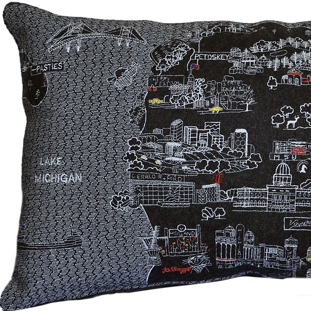 24" Black Michigan Lower Peninsula Nighttime Skyline Lumbar Decorative Pillow