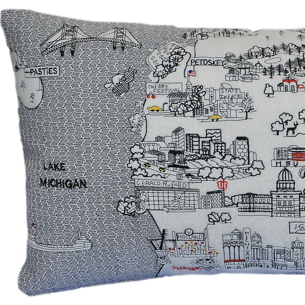 24" White Michigan Lower Peninsula Daylight Skyline Lumbar Decorative Pillow