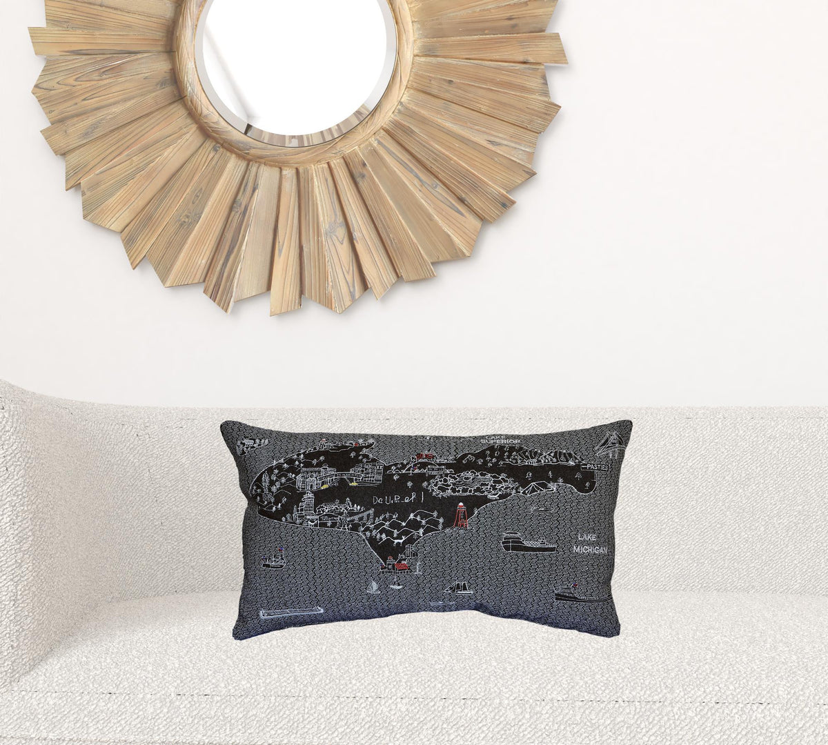 24" Black Michigan Upper Peninsula Nighttime Skyline Lumbar Decorative Pillow