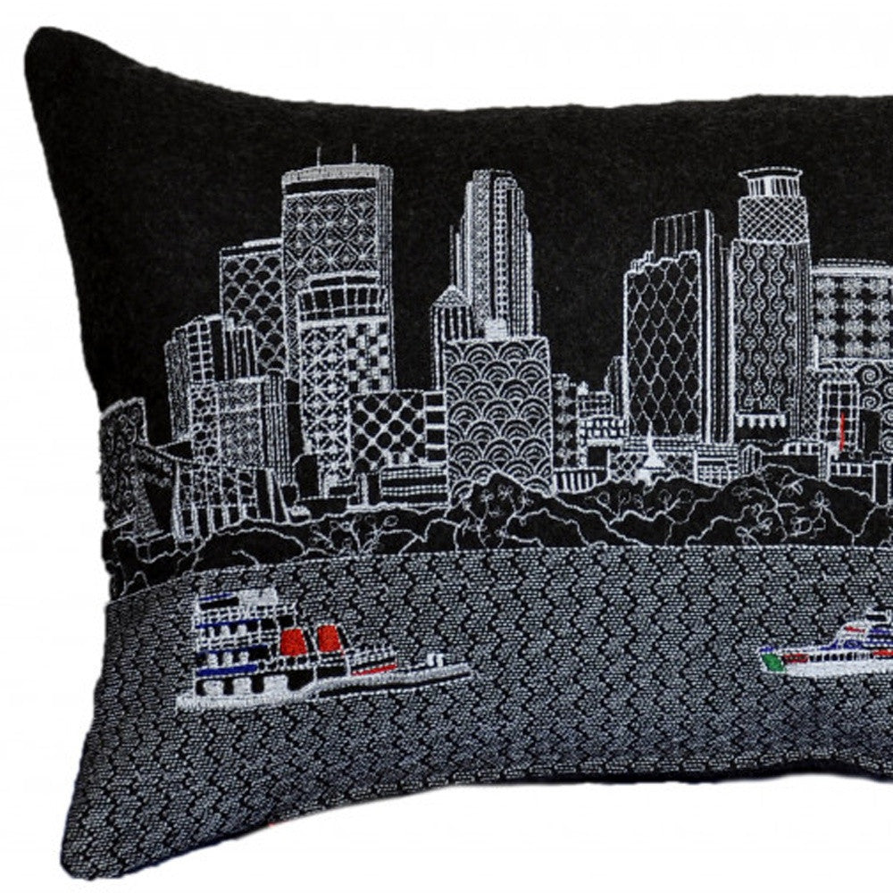 24" Black Minneapolis Nighttime Skyline Lumbar Decorative Pillow