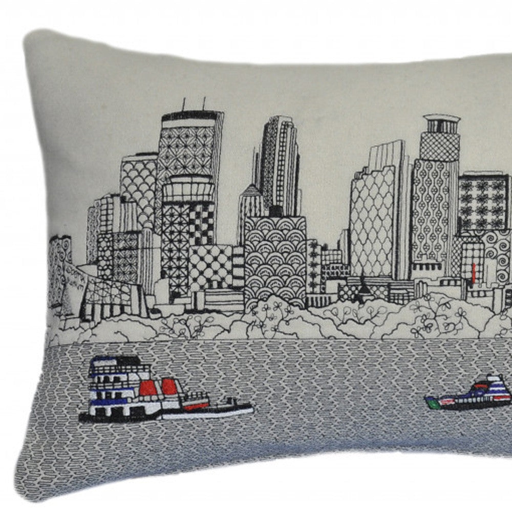 24" White Minneapolis Daylight Skyline Lumbar Decorative Pillow