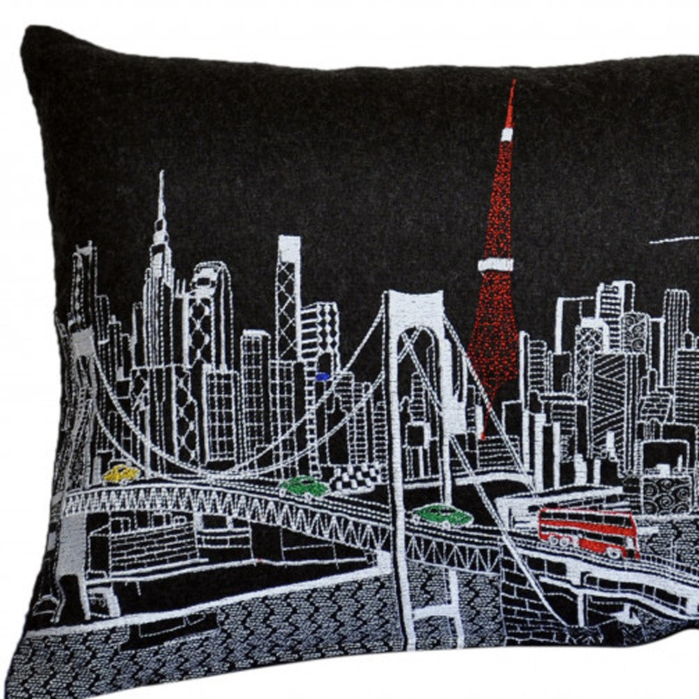 24" Black Tokyo Nighttime Skyline Lumbar Decorative Pillow