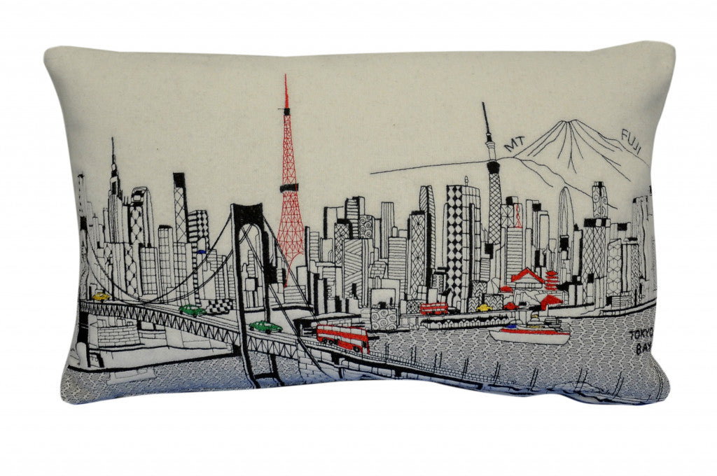 24" White Tokyo Daylight Skyline Lumbar Decorative Pillow
