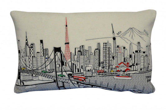 24" White Tokyo Daylight Skyline Lumbar Decorative Pillow