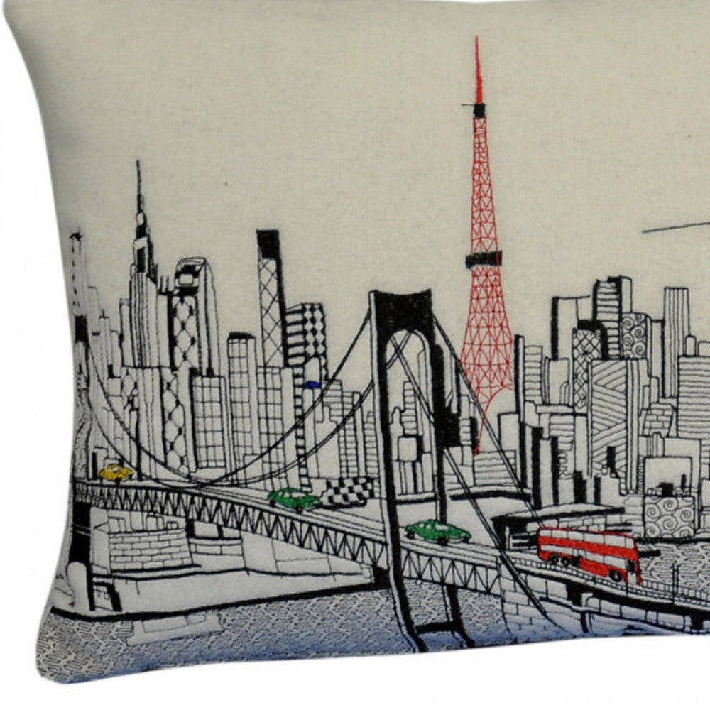 24" White Tokyo Daylight Skyline Lumbar Decorative Pillow