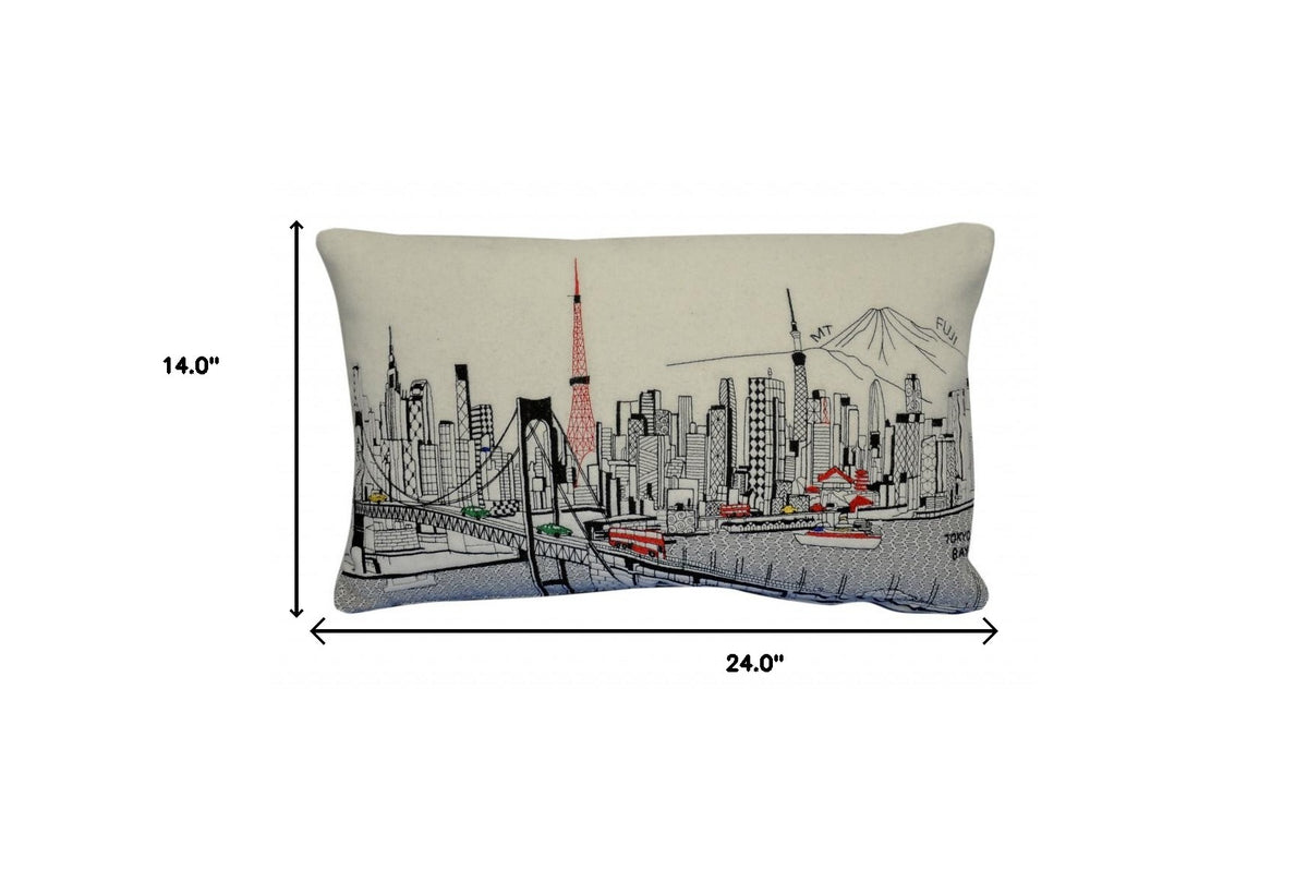 24" White Tokyo Daylight Skyline Lumbar Decorative Pillow